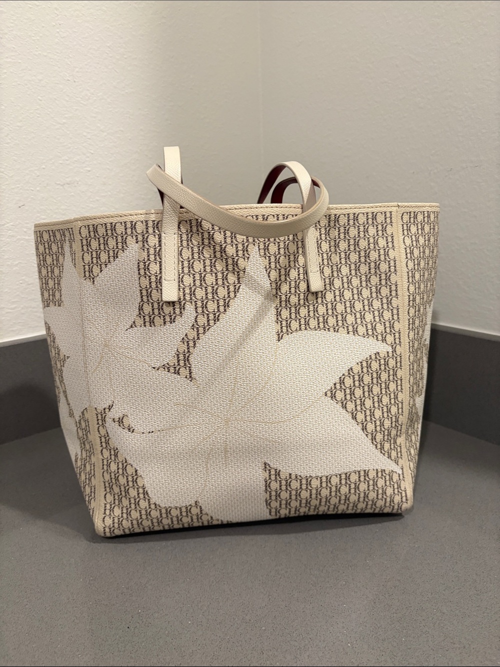 Carolina Herrera Cream and Beige Logo Floral Tote